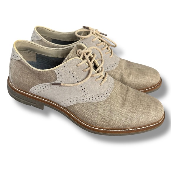 IZOD Mens Conaway Leather Linen Saddle Oxfords Dark Natural Size 9 Tan Lace-Up - Picture 1 of 5